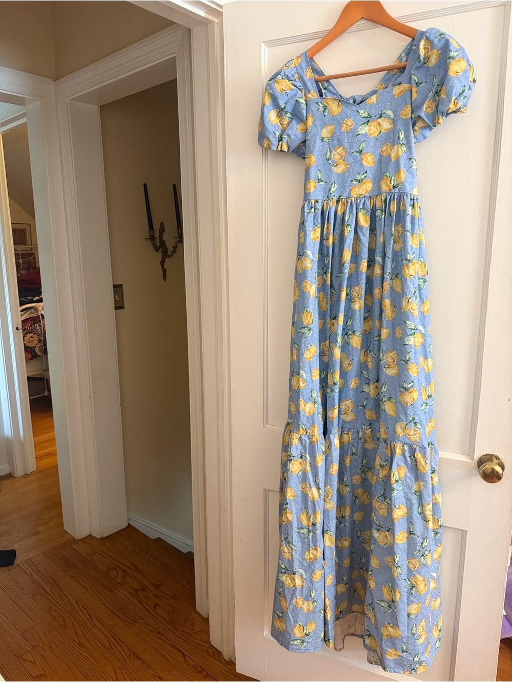 Handmade Blue Lemon-Print Maxi Dress with Puff Sleeves xs fits 0-2